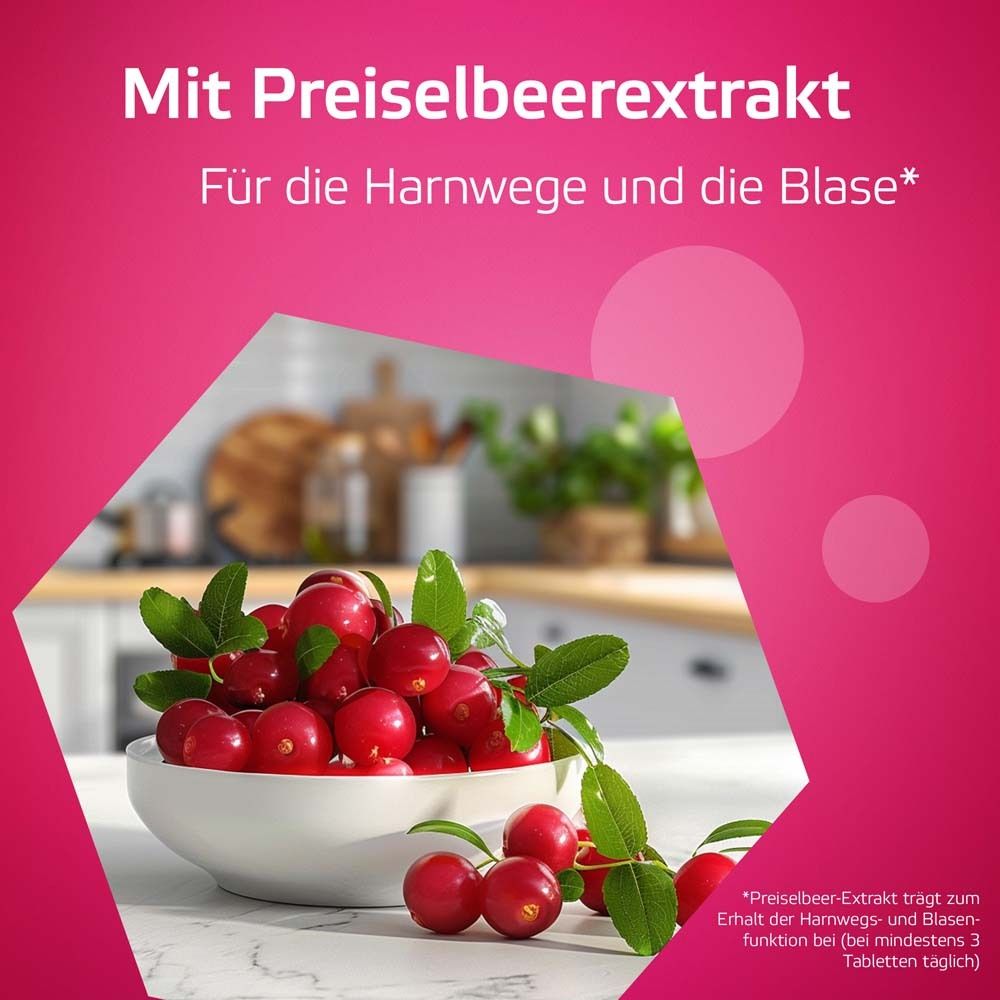 Weiße Schale mit Preiselbeeren. Text: Mit Preiselbeerextrakt. Für die Harnwege und die Blase.