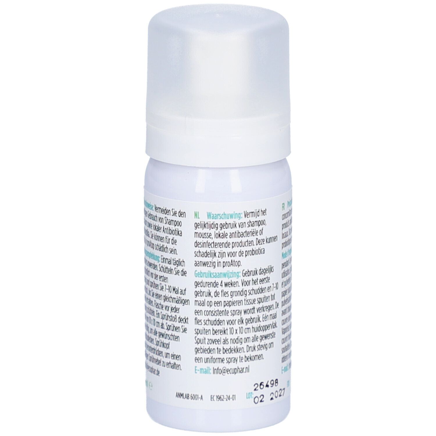 Flacon spray blanc avec bouchon. Texte en allemand et néerlandais. Contient des informations et des avertissements.