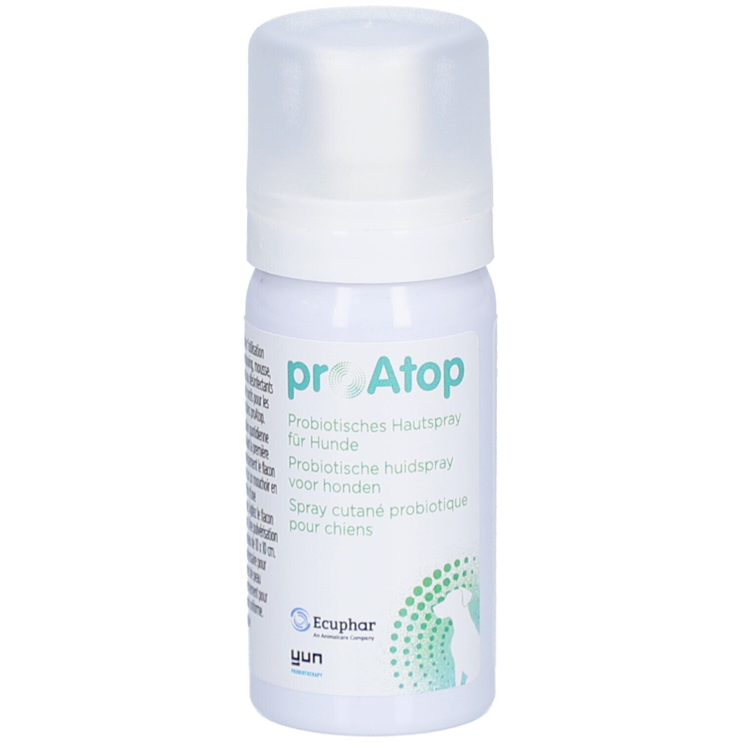 Flacon spray blanc avec bouchon. Nom du produit : proAtop. Texte en allemand, néerlandais et français. Logo.