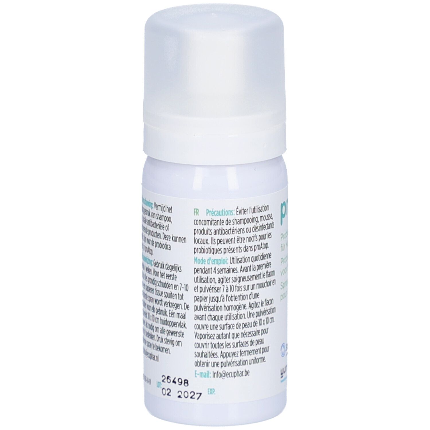 Flacon spray blanc avec bouchon. Texte en allemand, français et néerlandais. Contient des informations.