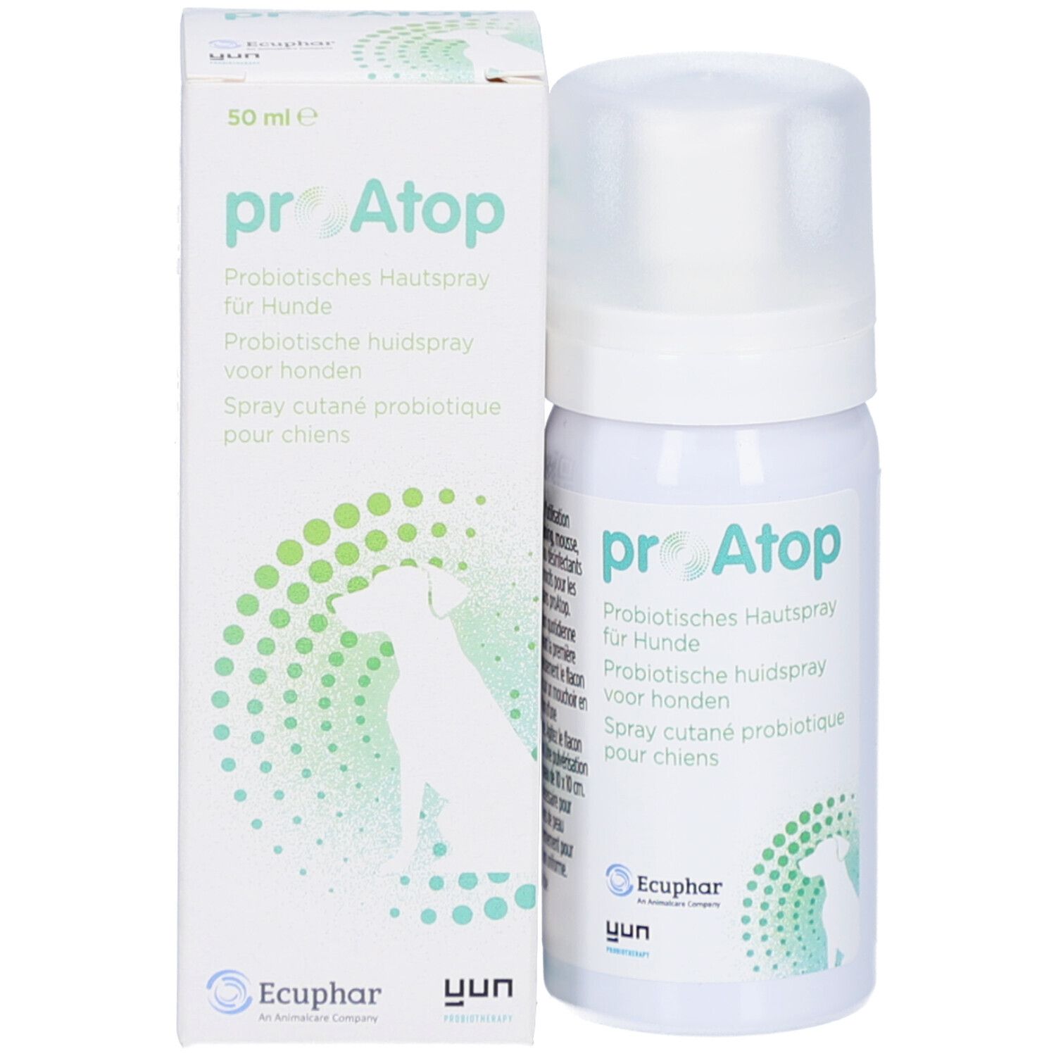 Emballage du produit : boîte et flacon pulvérisateur. Boîte avec le nom du produit proAtop. 50 ml. Logo.