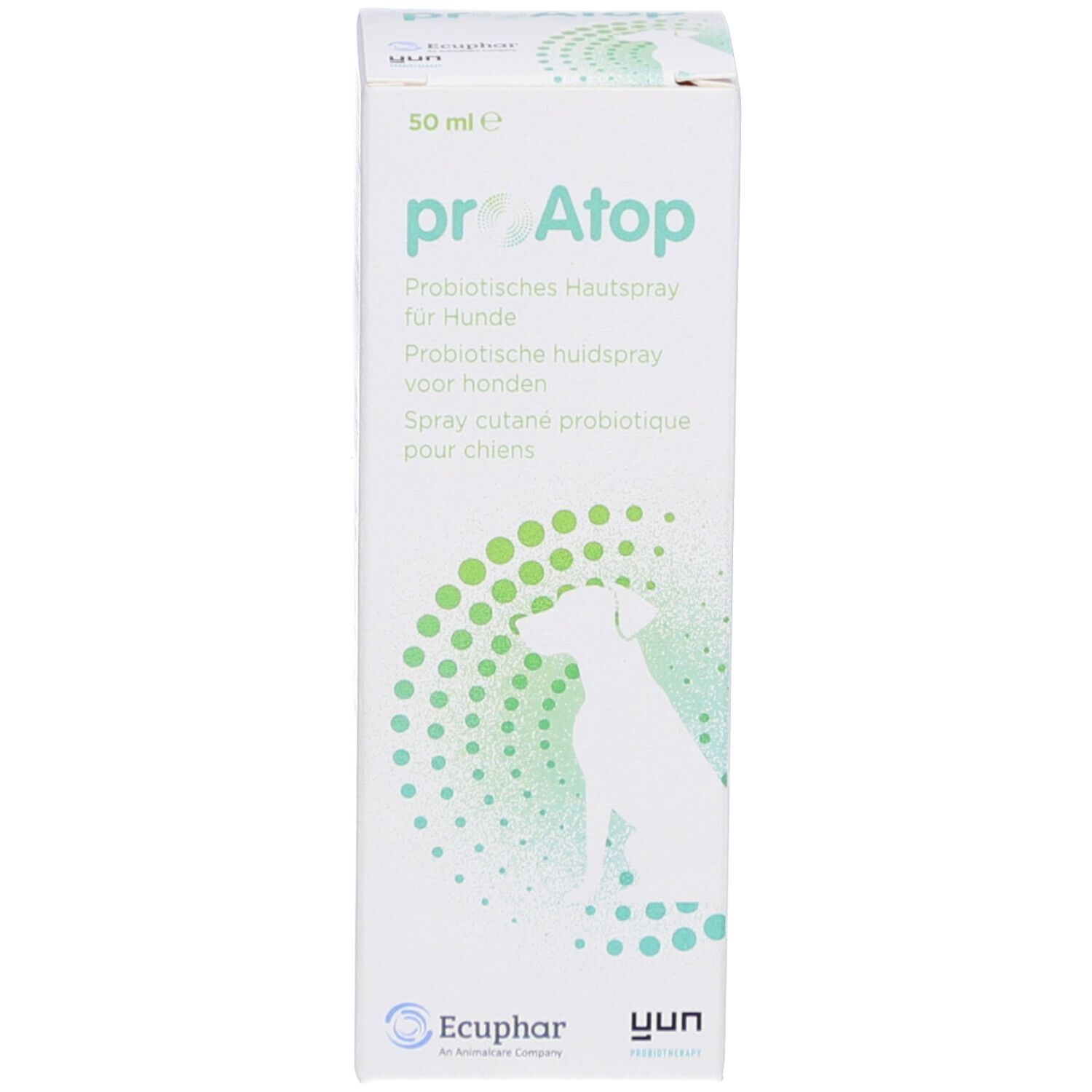 Emballage du produit : boîte. Nom du produit proAtop. Texte en allemand, néerlandais et français. 50 ml.