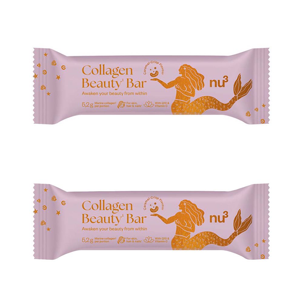 Zwei Collagen Beauty Bar Riegel, rosa Verpackung, Aufschrift 'Collagen Beauty Bar' und Meerjungfrau-Illustration.