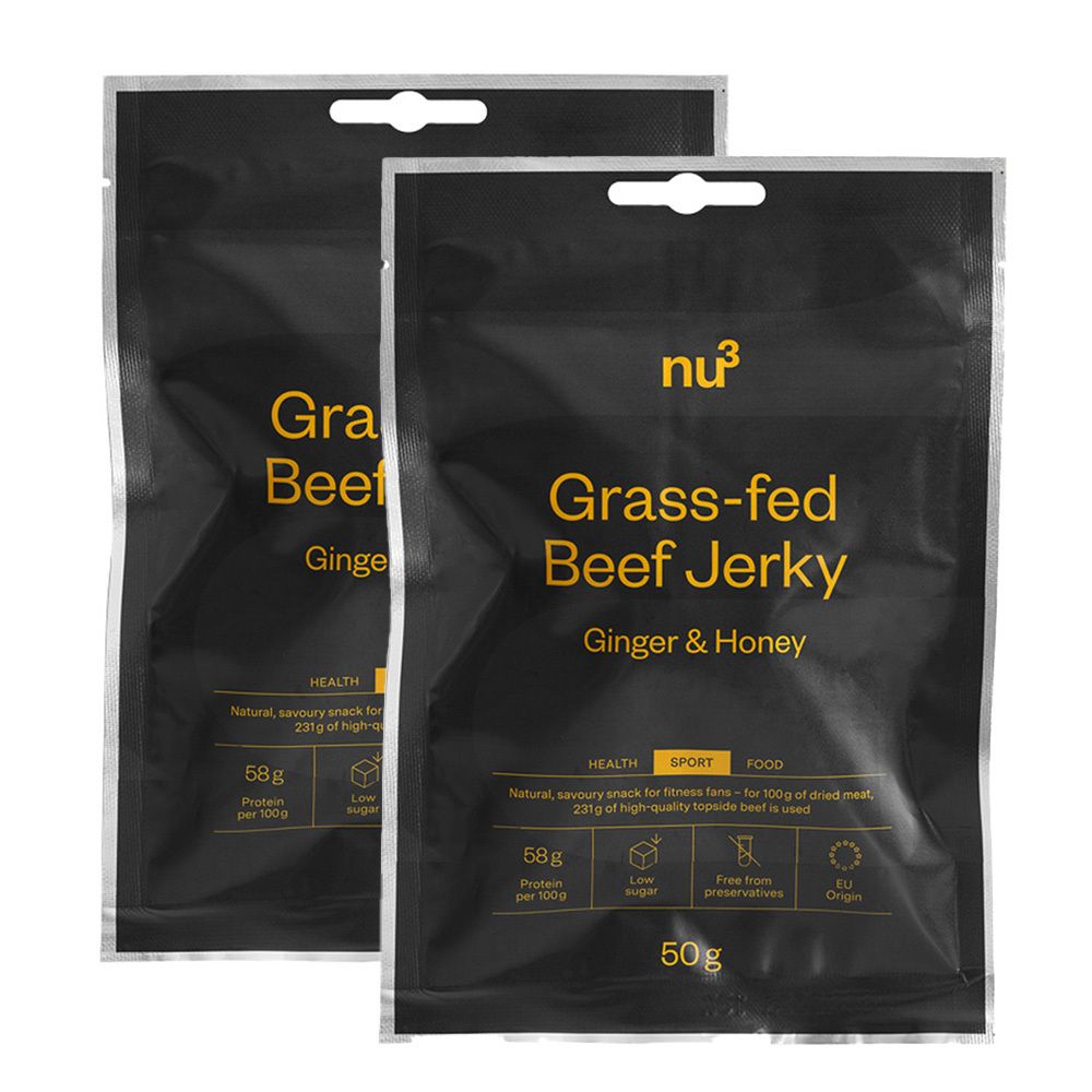 Zwei Beutel nu3 Grass-fed Beef Jerky, Ingwer & Honig. Schwarze Verpackung mit gelber Schrift. 50g Packung.