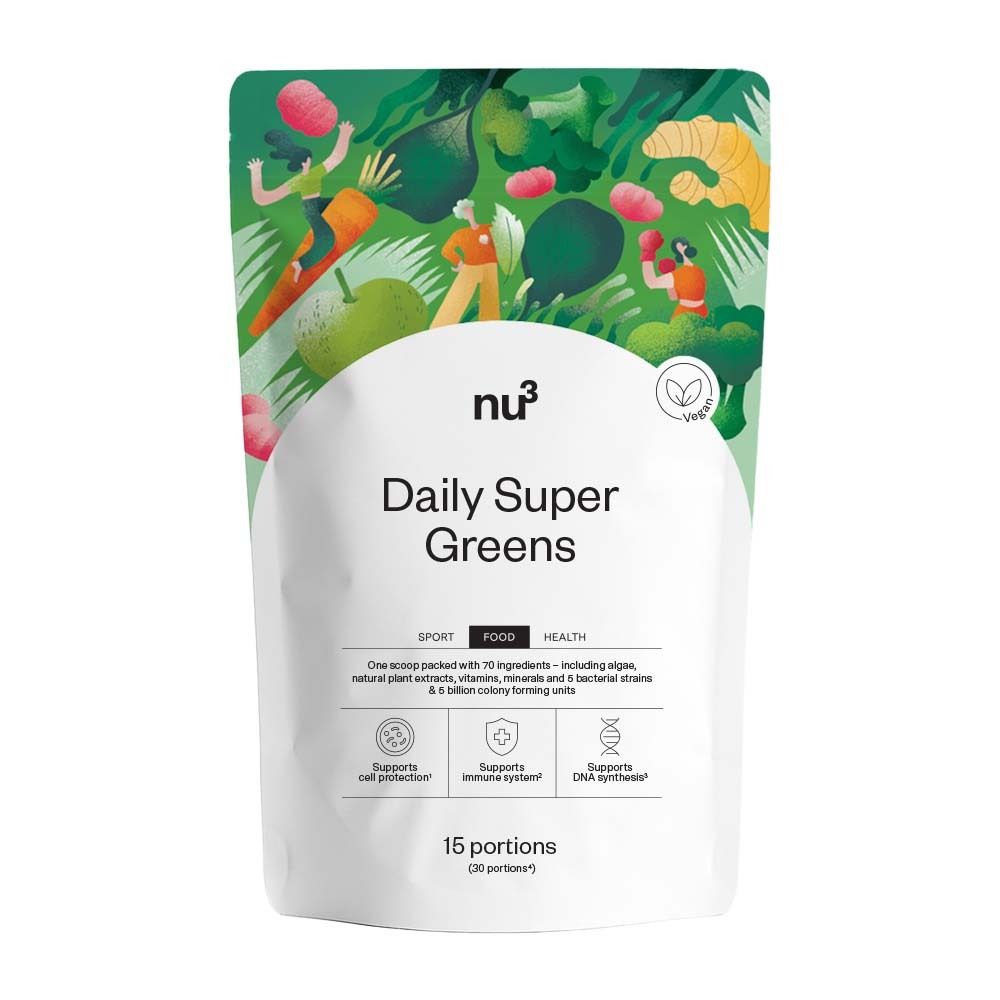 Sachet de "nu3 Daily Super Greens". Sachet blanc avec illustrations vertes et texte. Contient 15 portions.