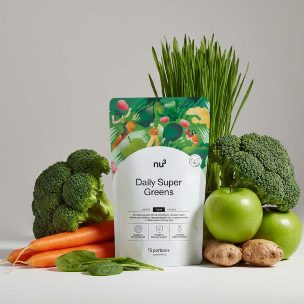 Sachet nu3 Daily Super Greens devant des légumes et des fruits. Emballage vert et blanc avec le nom du produit. Entouré de brocoli, pommes, carottes et herbe.