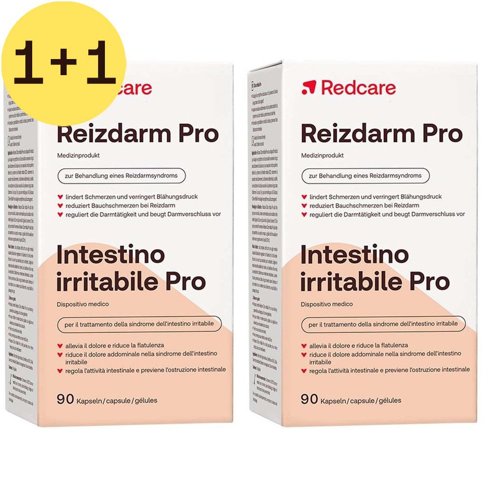 Deux boîtes de Redcare Reizdarm Pro avec offre 1+1. Boîtes blanches avec logo rouge et informations produit. 90 gélules.