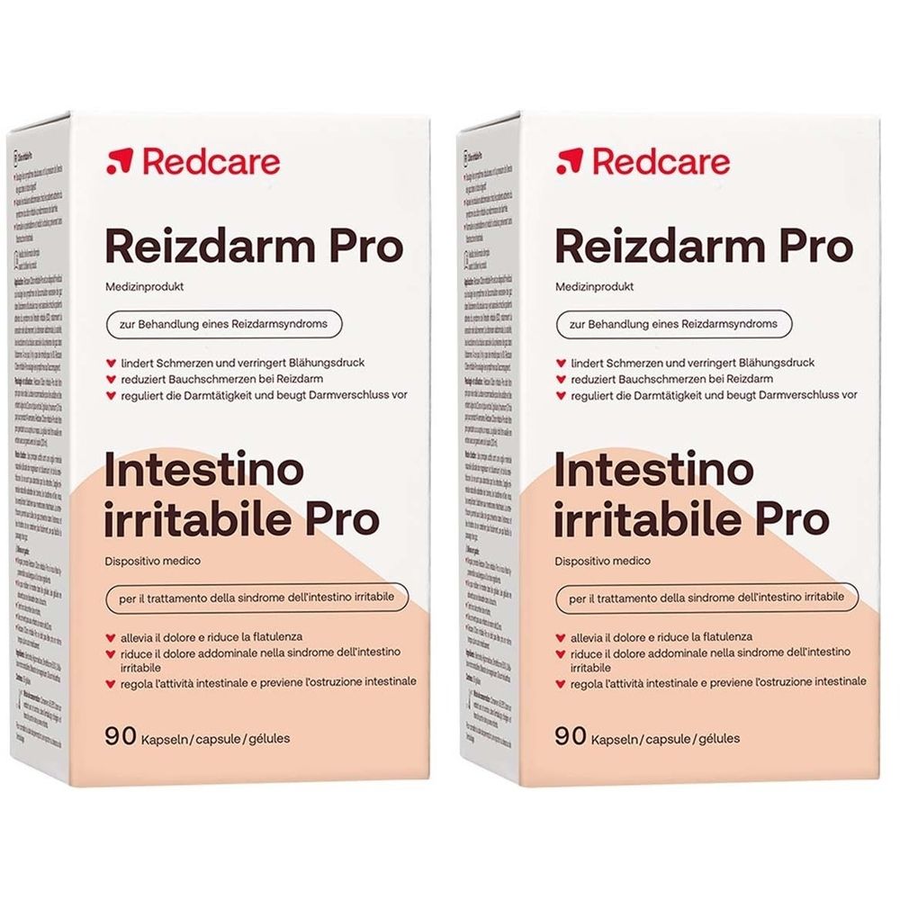 Deux boîtes de Redcare Reizdarm Pro. Boîtes blanches avec logo rouge et informations produit. 90 gélules.
