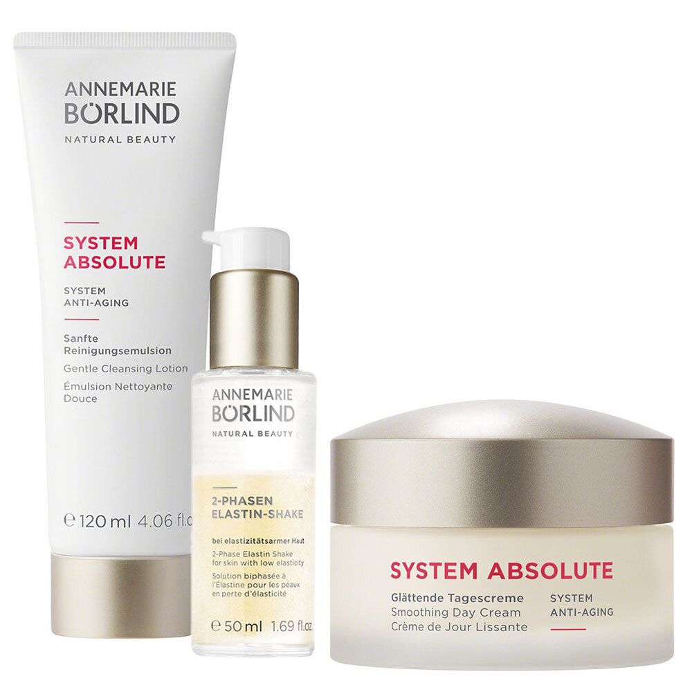 Trois produits cosmétiques : émulsion nettoyante, 2-Phasen Elastin Shake et crème de jour. Tous les produits portent la marque "ANNEMARIE BÖRLIND".