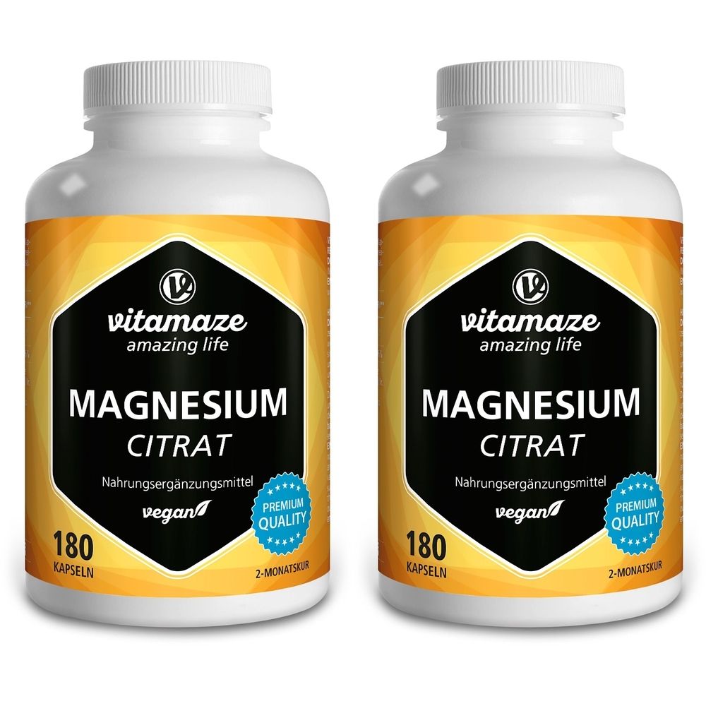 Deux flacons de Vitamaze Magnesiumcitrat. Étiquette noire avec texte blanc. Contient 180 gélules. Vegan et qualité supérieure.