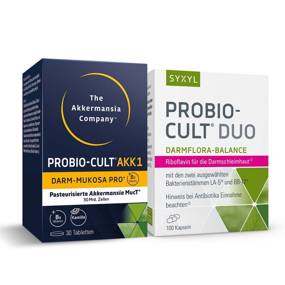 Deux boîtes de produits : ProBio-Cult AKK1 et ProBio-Cult Duo. Informations et logos.