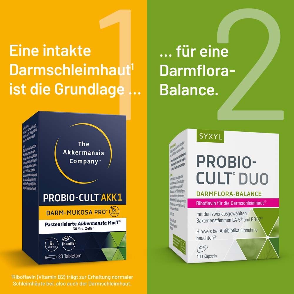 Deux boîtes de produits : ProBio-Cult AKK1 et ProBio-Cult Duo. Texte : Une muqueuse intestinale intacte.