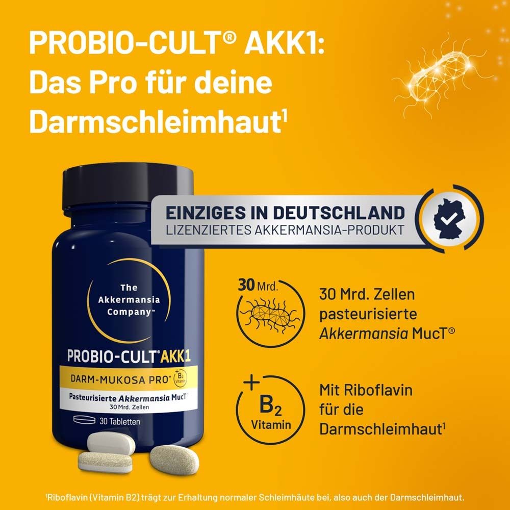 Flacon bleu et comprimés de ProBio-Cult AKK1. Texte : Seul produit Akkermansia agréé en Allemagne.