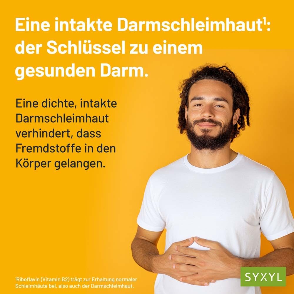 Homme devant fond jaune. Texte : Une muqueuse intestinale intacte : la clé d'un intestin sain.