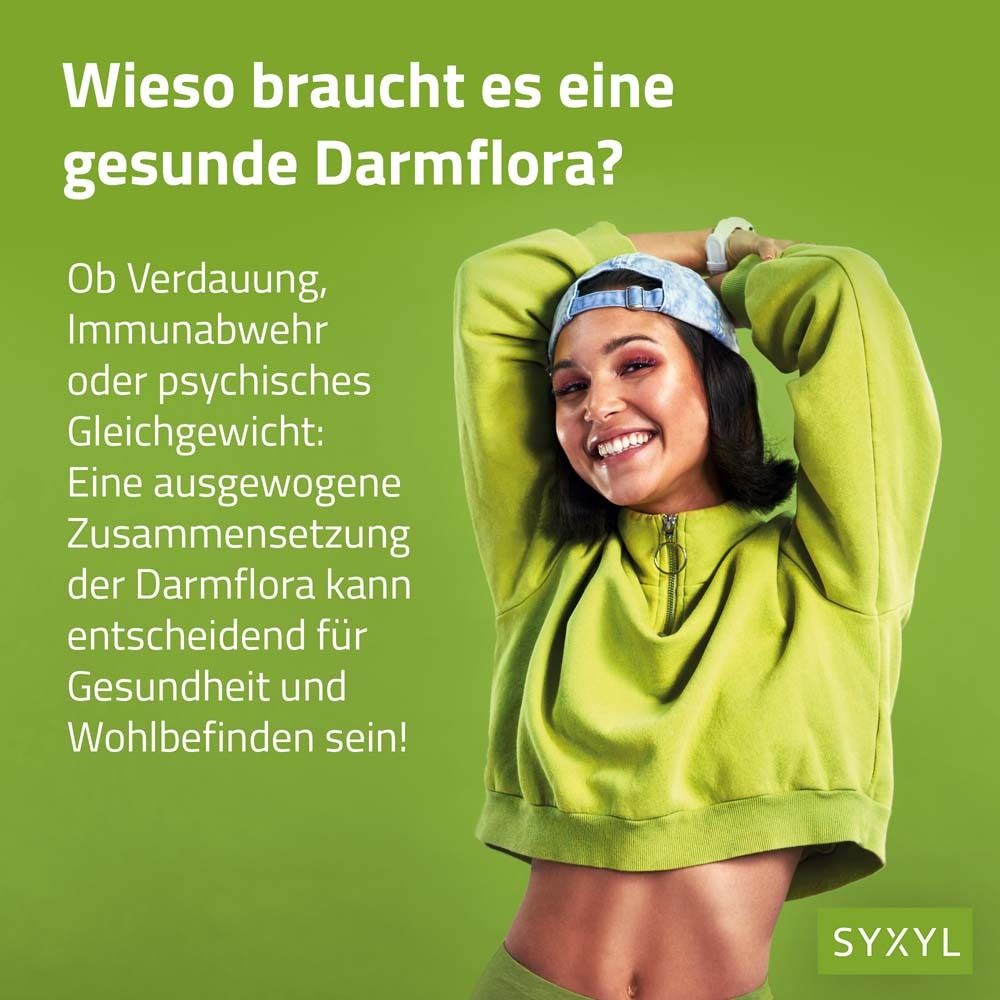 Femme sur fond vert. Texte : Pourquoi une flore intestinale saine ?