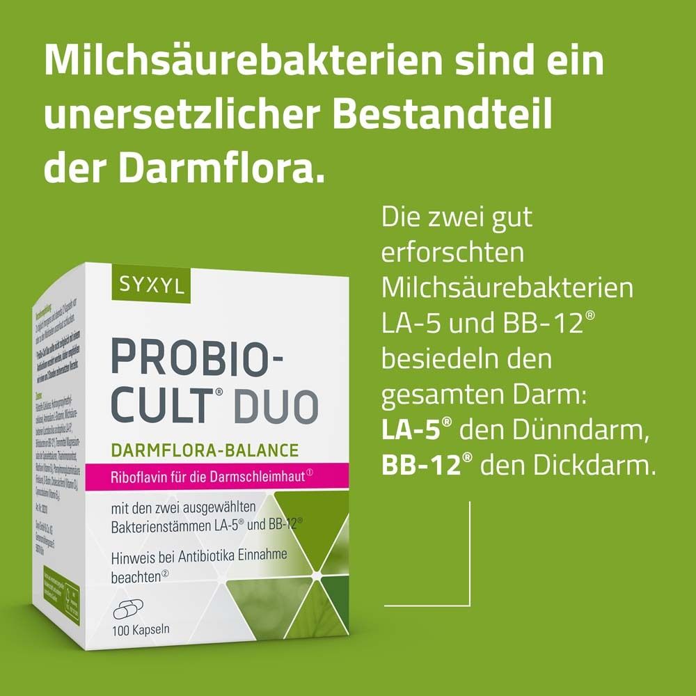 Emballage ProBio-Cult Duo. Texte : Les bactéries lactiques sont essentielles à la flore intestinale.