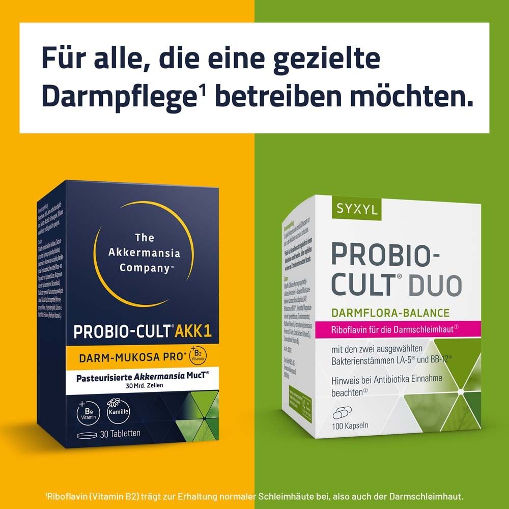 Deux boîtes de produits : ProBio-Cult AKK1 et ProBio-Cult Duo. Texte : Pour ceux qui souhaitent un soin intestinal ciblé.