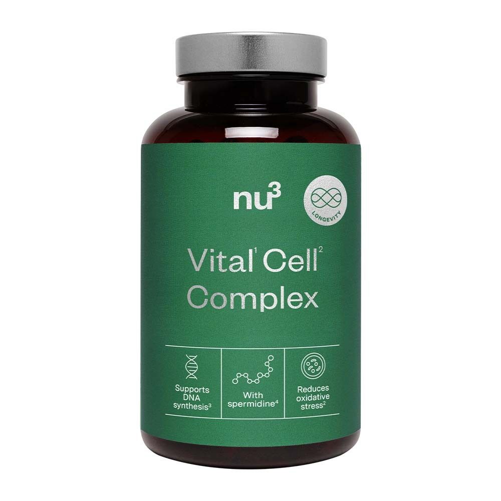 Flacon marron avec couvercle argenté. Inscription : nu3 Vital Cell Complex. Étiquette verte avec logos et texte.