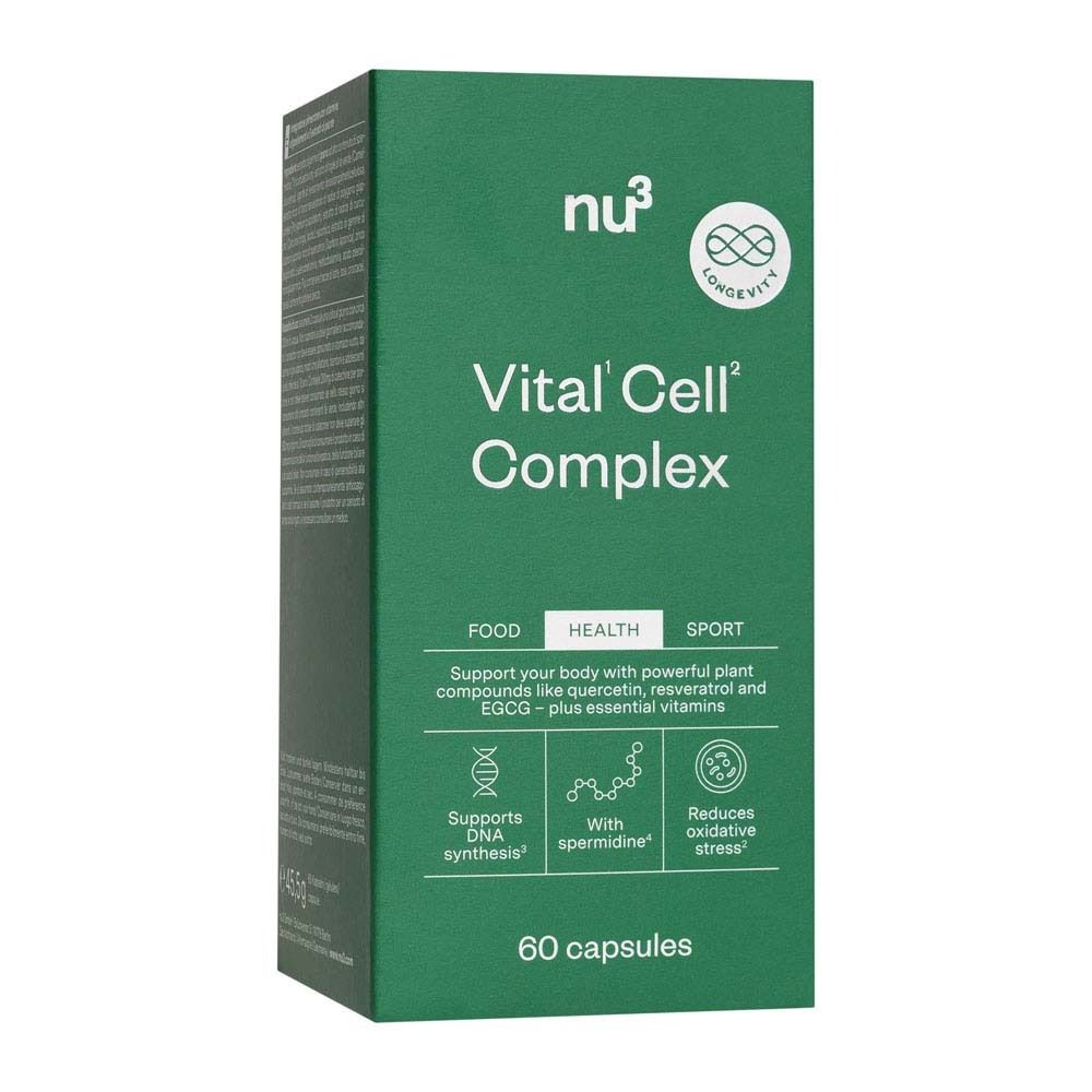 Grüne Schachtel mit Aufschrift: nu3 Vital Cell Complex. Logos. Enthält 60 Kapseln.