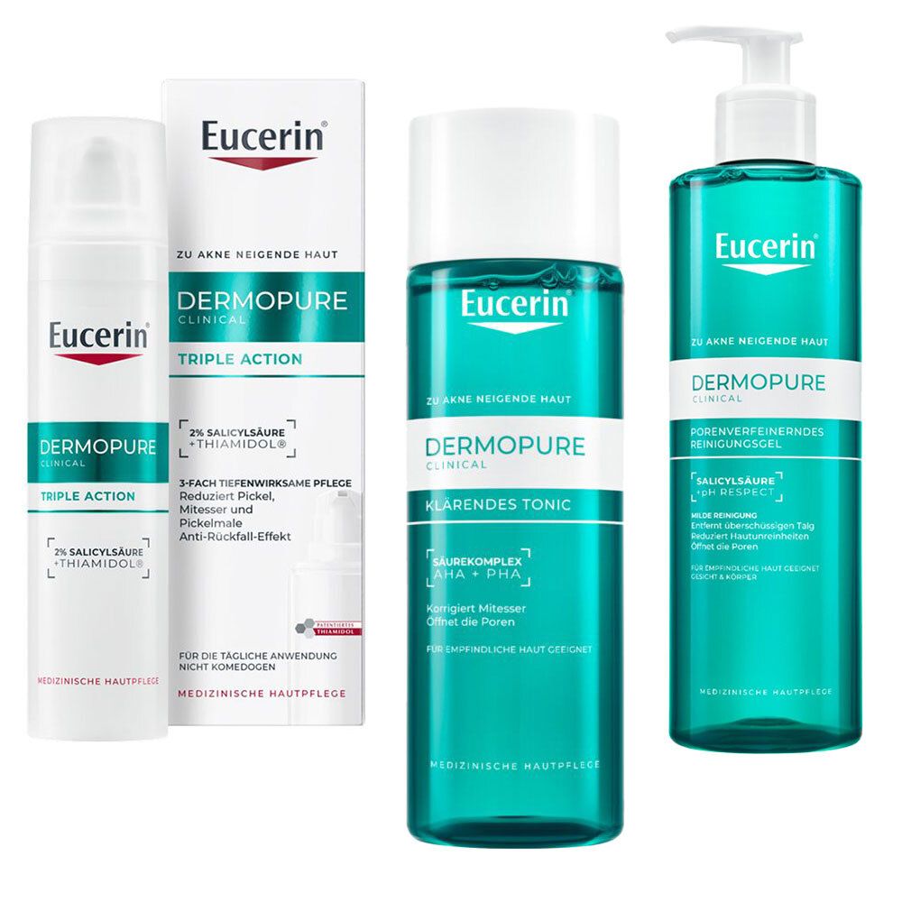 Drei Produkte: Eucerin Dermopure Triple Action Serum, Klärendes Tonic und Reinigungsgel. Weiße und türkise Verpackungen mit Produktinformationen.