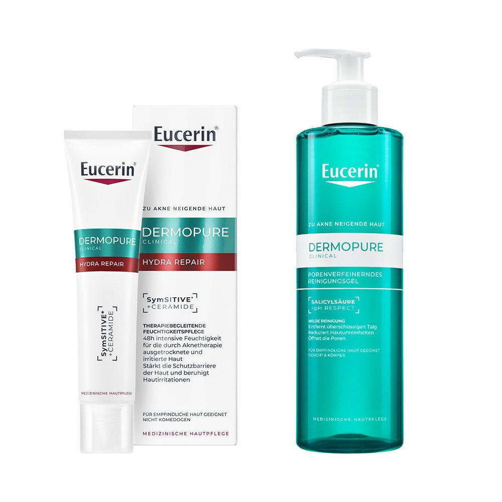 Drei Produkte: Eucerin-Creme und Reinigungsgel. Creme in Tube und Faltschachtel. Gel in Flasche mit Spender. Text: Dermopure.