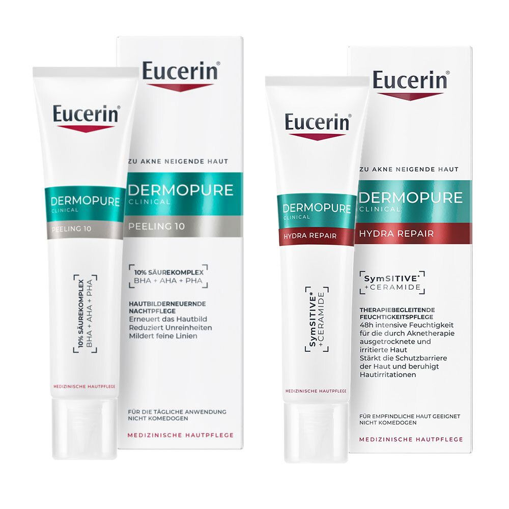 Zwei Tuben und Verpackungen von Eucerin Dermopure. Aufschrift: Peeling 10 und Hydra Repair. Medizinische Hautpflege.