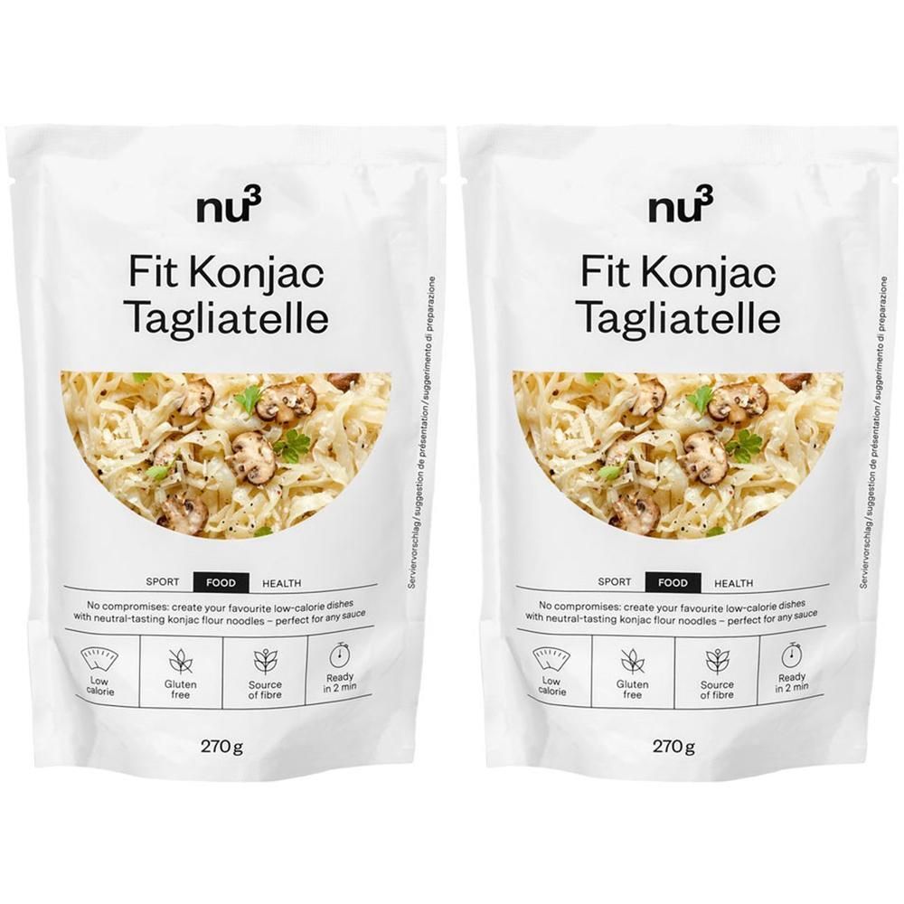 Deux paquets de nu3 Fit Konjak Tagliatelle avec champignons et persil.