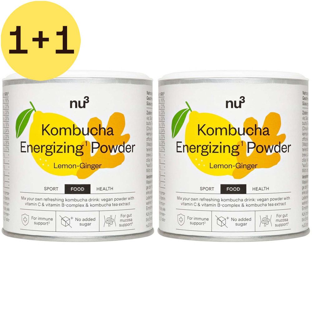 Deux boîtes de nu3 Kombucha Energizing Powder. Inscription : Citron-Gingembre. Avec logo, textes et illustrations.