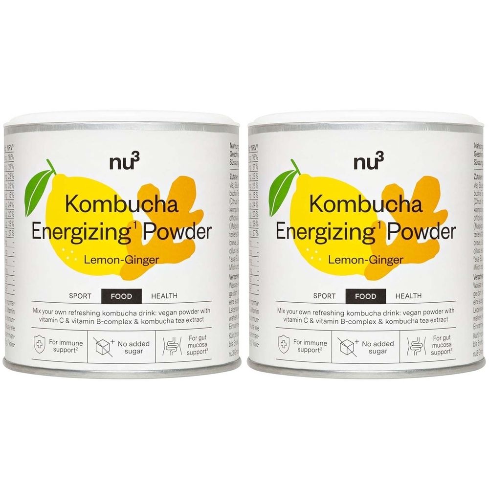 Deux boîtes de nu3 Kombucha Energizing Powder. Inscription : Citron-Gingembre. Avec logo, textes et illustrations.