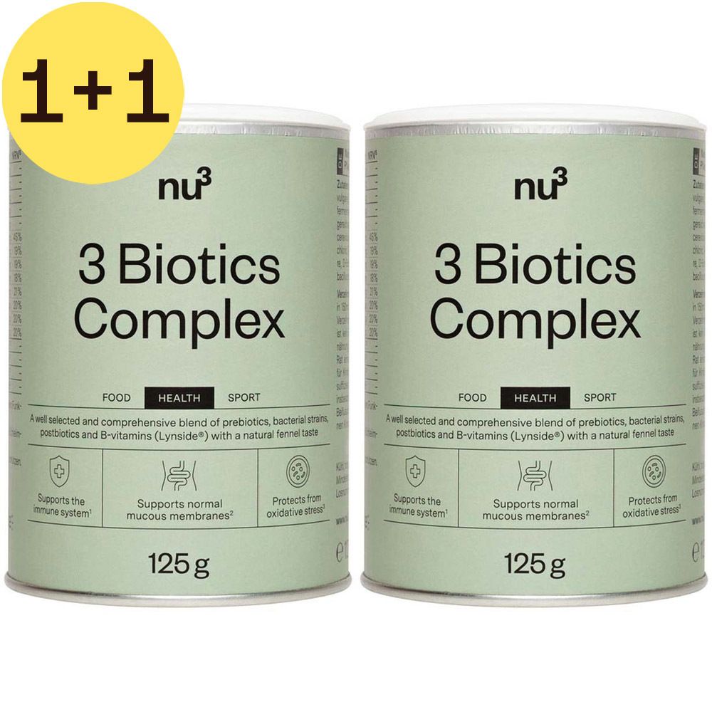 Deux boîtes de nu3 3 Biotics Complex avec autocollant 1+1. Inscription: 3 Biotics Complex, 125g. Logos: Food, Health, Sport. Soutient le système immunitaire, les muqueuses, le stress oxydatif.