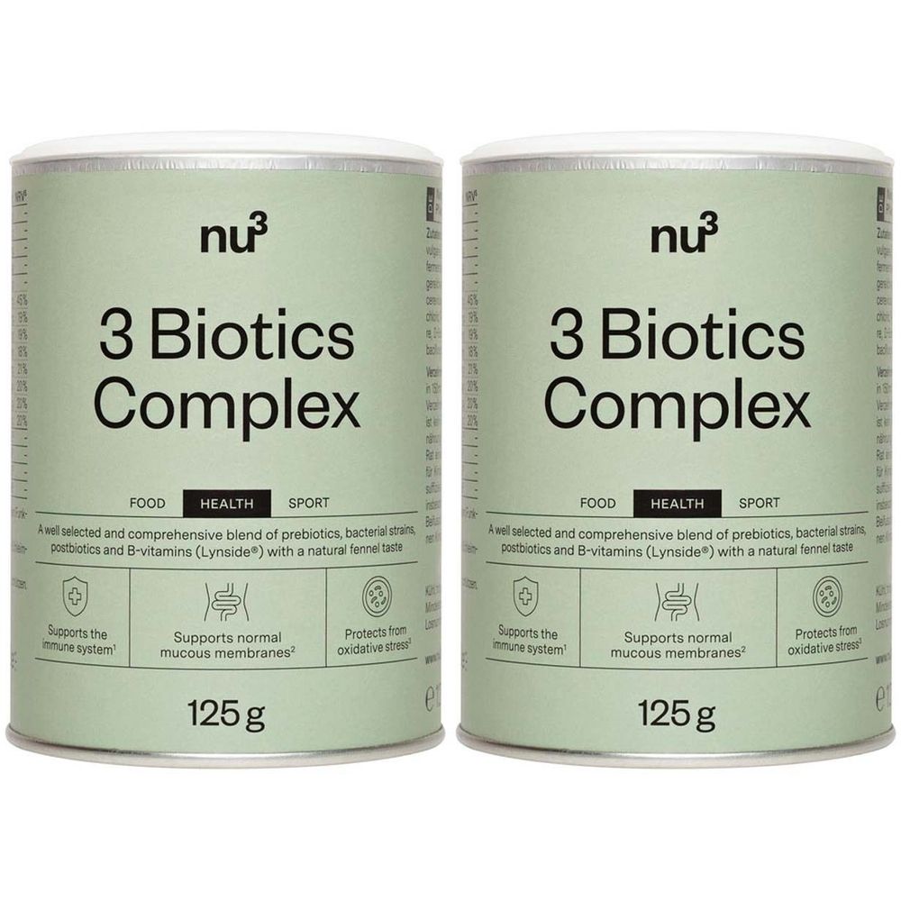 Deux boîtes de nu3 3 Biotics Complex. Inscription: 3 Biotics Complex, 125g. Logos: Food, Health, Sport. Soutient le système immunitaire, les muqueuses, le stress oxydatif.