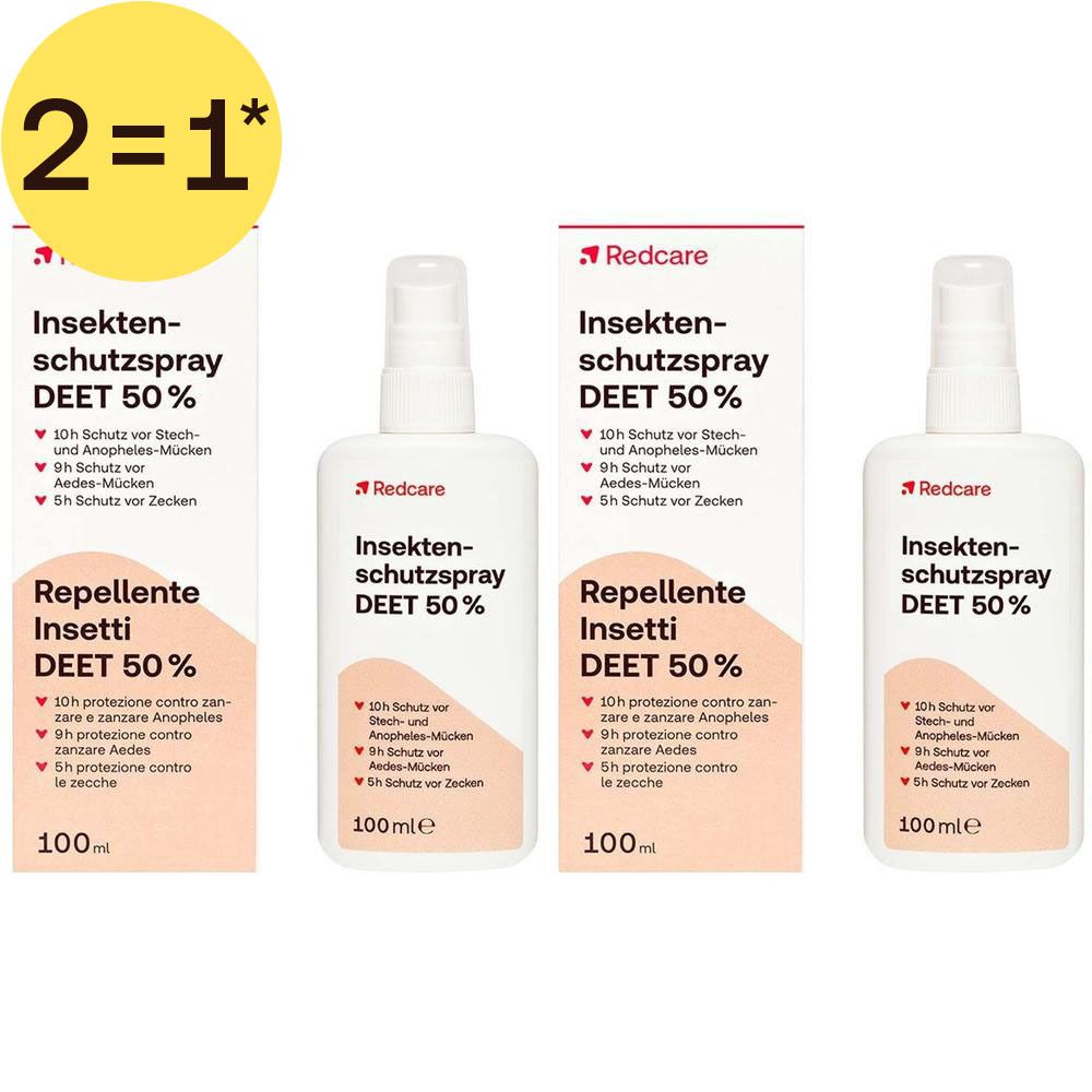 Trois flacons de spray anti-insectes Redcare DEET 50% avec leurs boîtes. Chaque flacon contient 100ml.