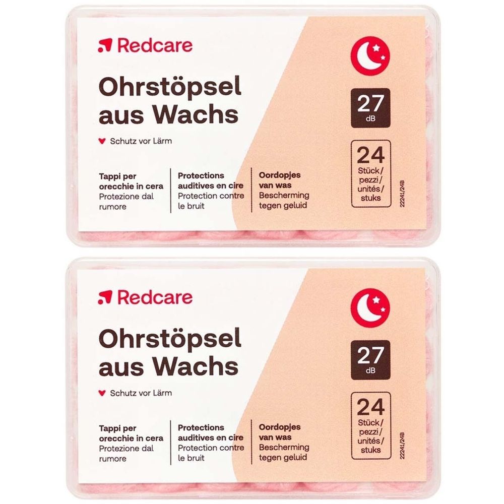 Zwei Packungen Redcare Ohrstöpsel aus Wachs. Jede Packung enthält 24 Stück und bietet 27 dB Lärmschutz. Verpackung mit Produktnamen und Logo.