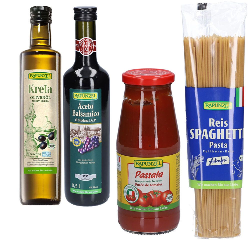 Huile d'olive, vinaigre balsamique, passata de tomates et spaghettis de riz. Emballages en verre et plastique. Étiquettes.