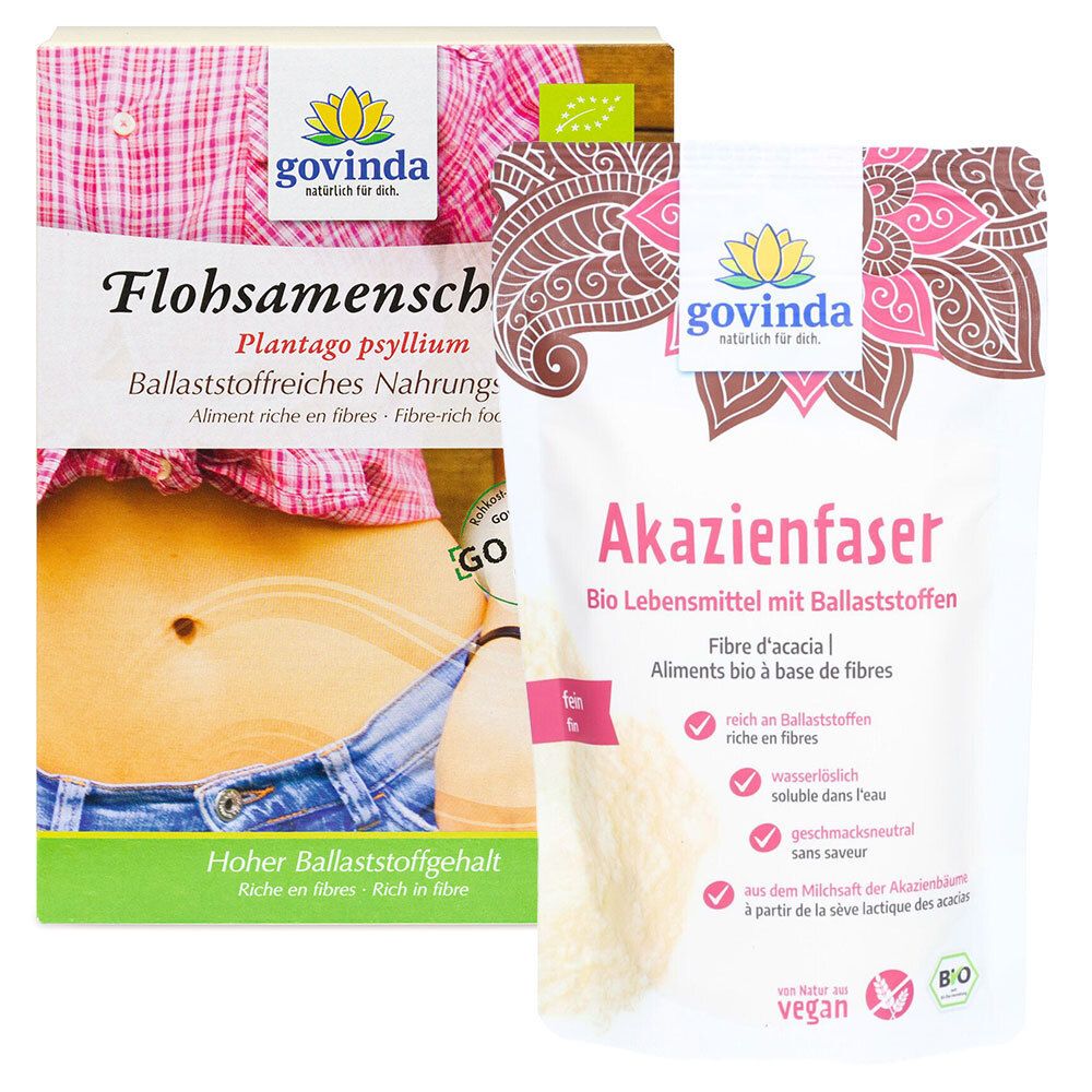 Emballages de Govinda Bio Flohsamenschalen et Akazienfaser. Les deux produits portent le logo Govinda et le label bio. Texte : Flohsamenschalen, Akazienfaser.