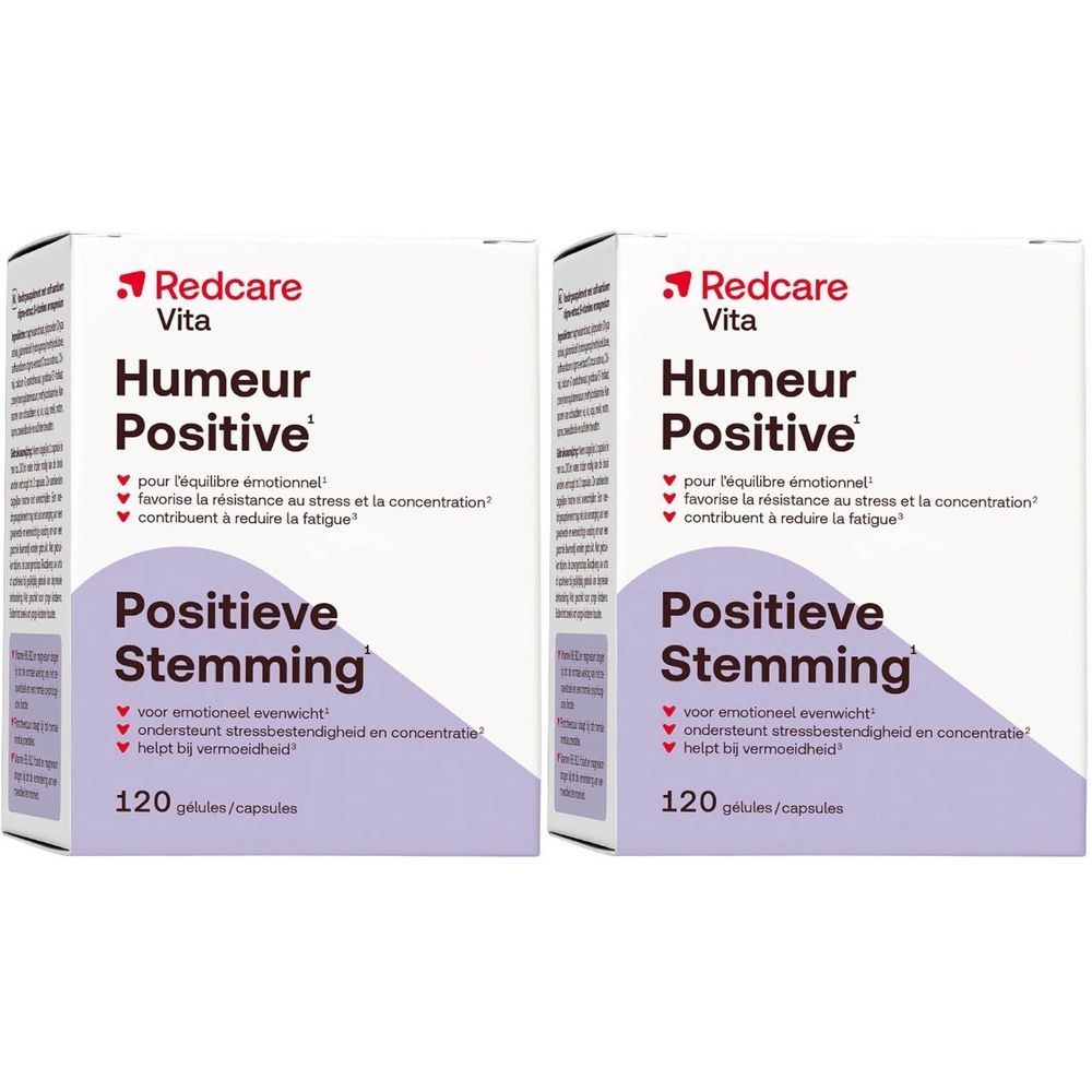 Deux boîtes de gélules Redcare Vita. Inscription : Humour Positive, Positieve Stemming. 120 gélules.