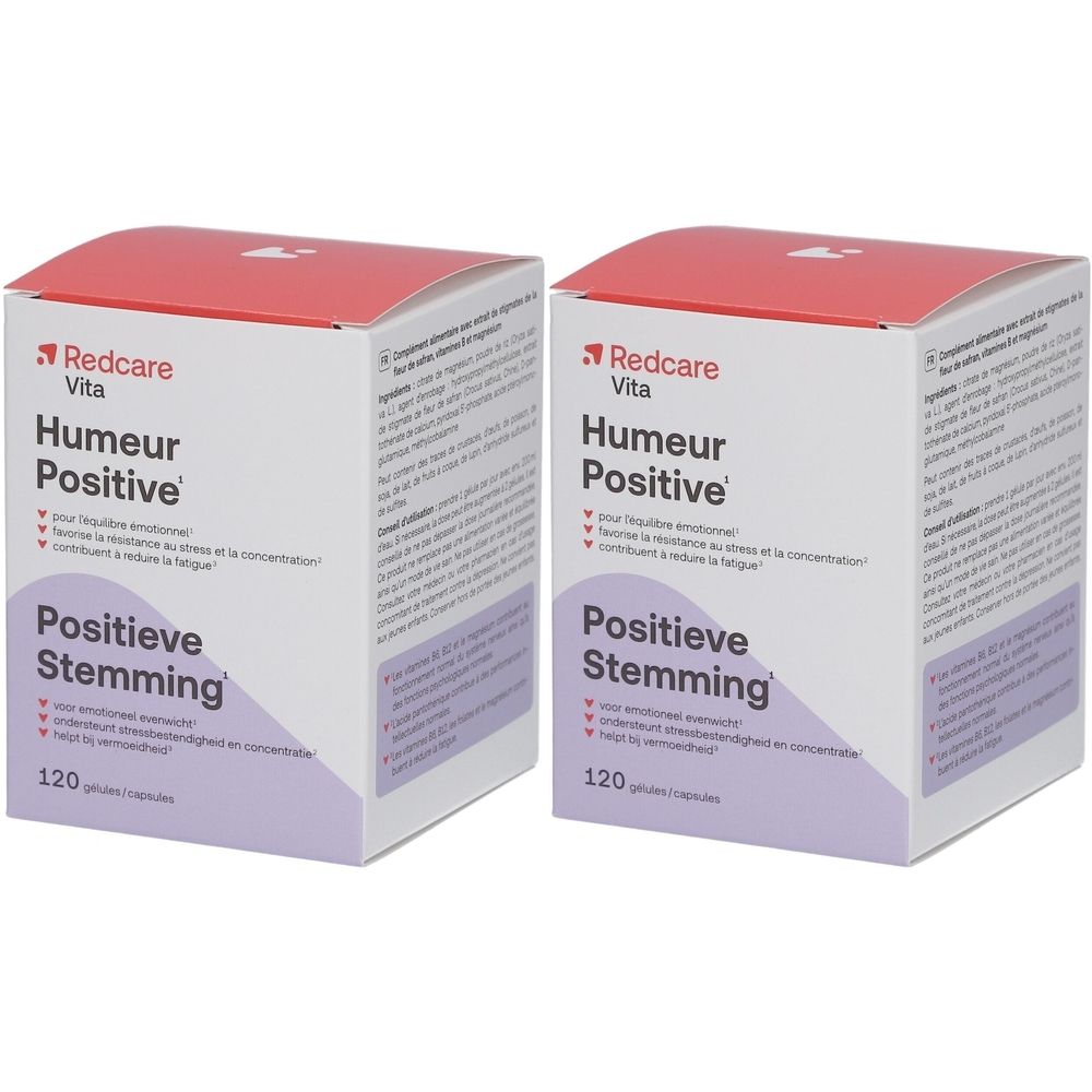 Zwei Schachteln Redcare Vita Kapseln. Aufschrift: Humour Positive, Positieve Stemming. 120 Kapseln.