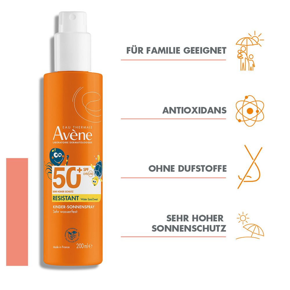 Flacon spray orange avec texte : "Eau Thermale Avène", "50+ SPF", "RESISTANT". Textes : Pour famille, antioxydants, sans parfum, très haute protection.