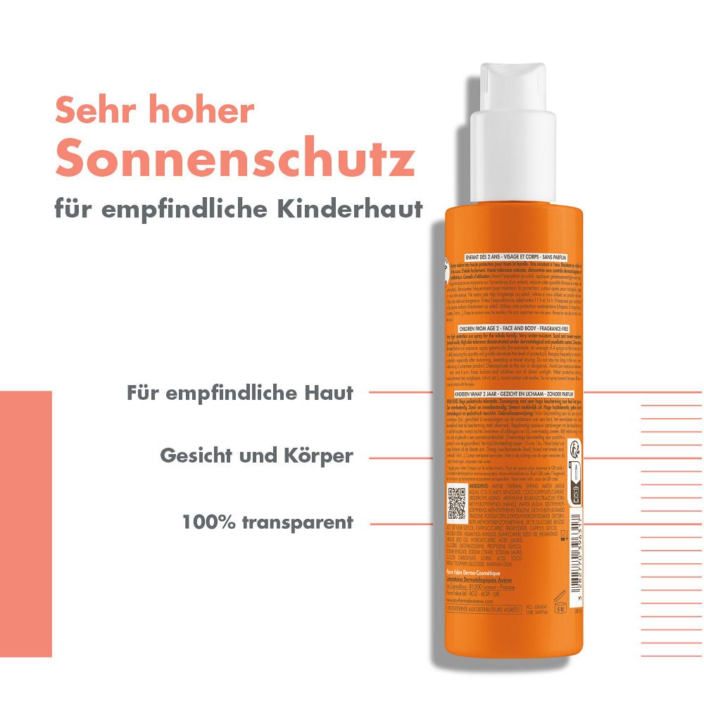 Dos d'un flacon spray orange. Texte : Très haute protection solaire pour peau sensible des enfants, pour peau sensible, visage et corps, 100% transparent.