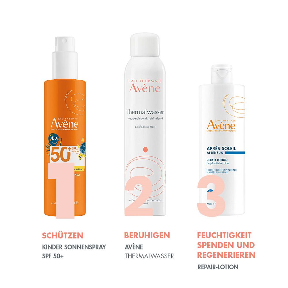 Trois produits côte à côte. 1 : Kinder-Sonnenspray SPF 50+. 2 : Eau Thermale Avène. 3 : Repair-Lotion.