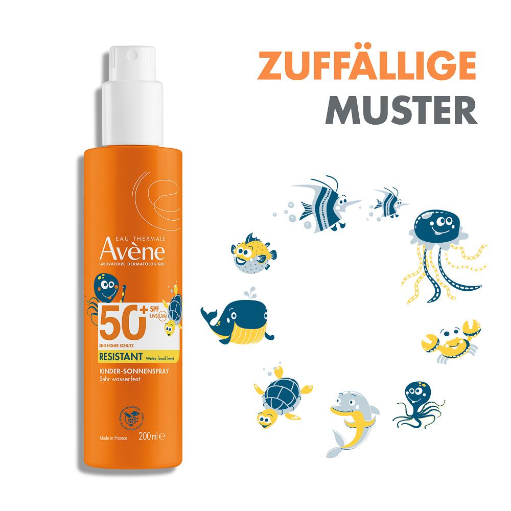 Flacon spray orange avec animaux marins colorés. Texte : "Eau Thermale Avène", "50+ SPF", "RESISTANT", "Kinder-Sonnenspray".