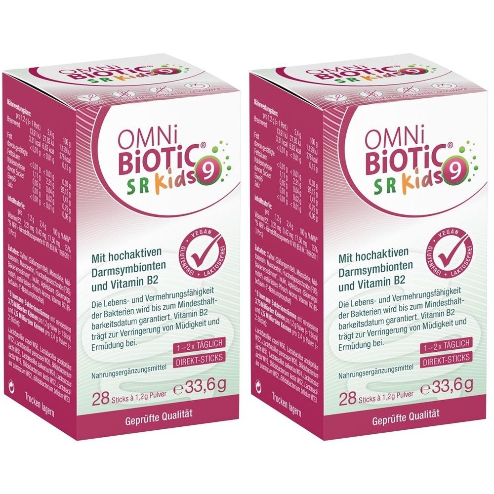 Zwei Packungen OMNi-BiOTiC SR-9 Kids. Rosa Verpackung mit Produktinformationen und Logo. Enthält 28 Sticks.