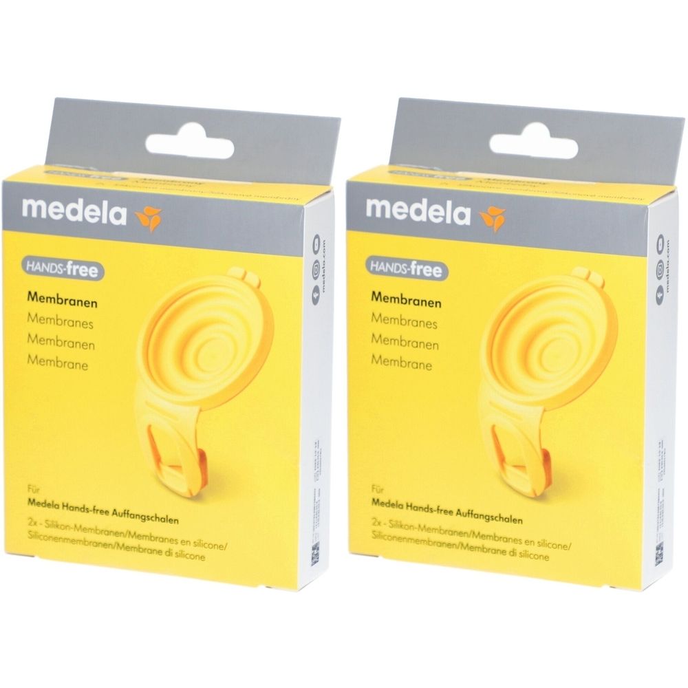Zwei gelbe Produktverpackungen. Aufdruck: medela, Hands-free, Membranen. Gezeigt wird ein gelbes Produkt.