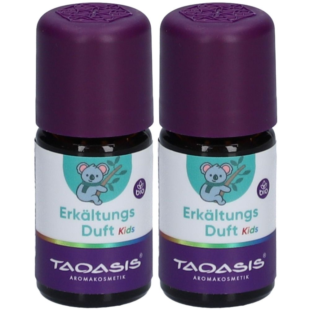 Deux petits flacons avec bouchons violets. Étiquettes avec "Erkältungs Duft Kids" et un koala. Marque : TAOASIS.
