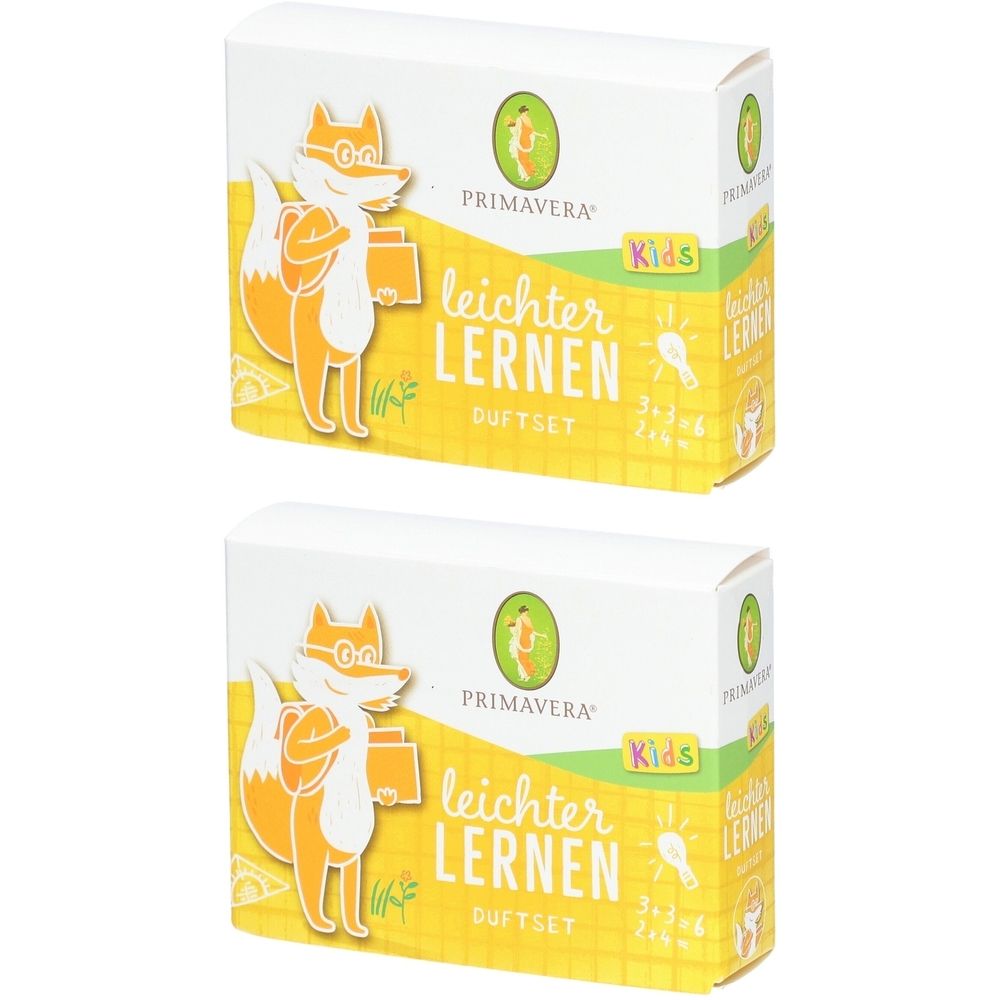 Deux boîtes blanches avec des accents jaunes. Impression : renard, PRIMAVERA, leichter Lernen Duftset. Inscription : Kids. Emballage vert-jaune.