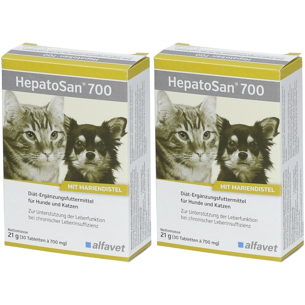 Deux boîtes de HepatoSan® 700. Impression: chat et chien, chardon-marie, aliment complémentaire diététique pour chiens et chats, alfavet.