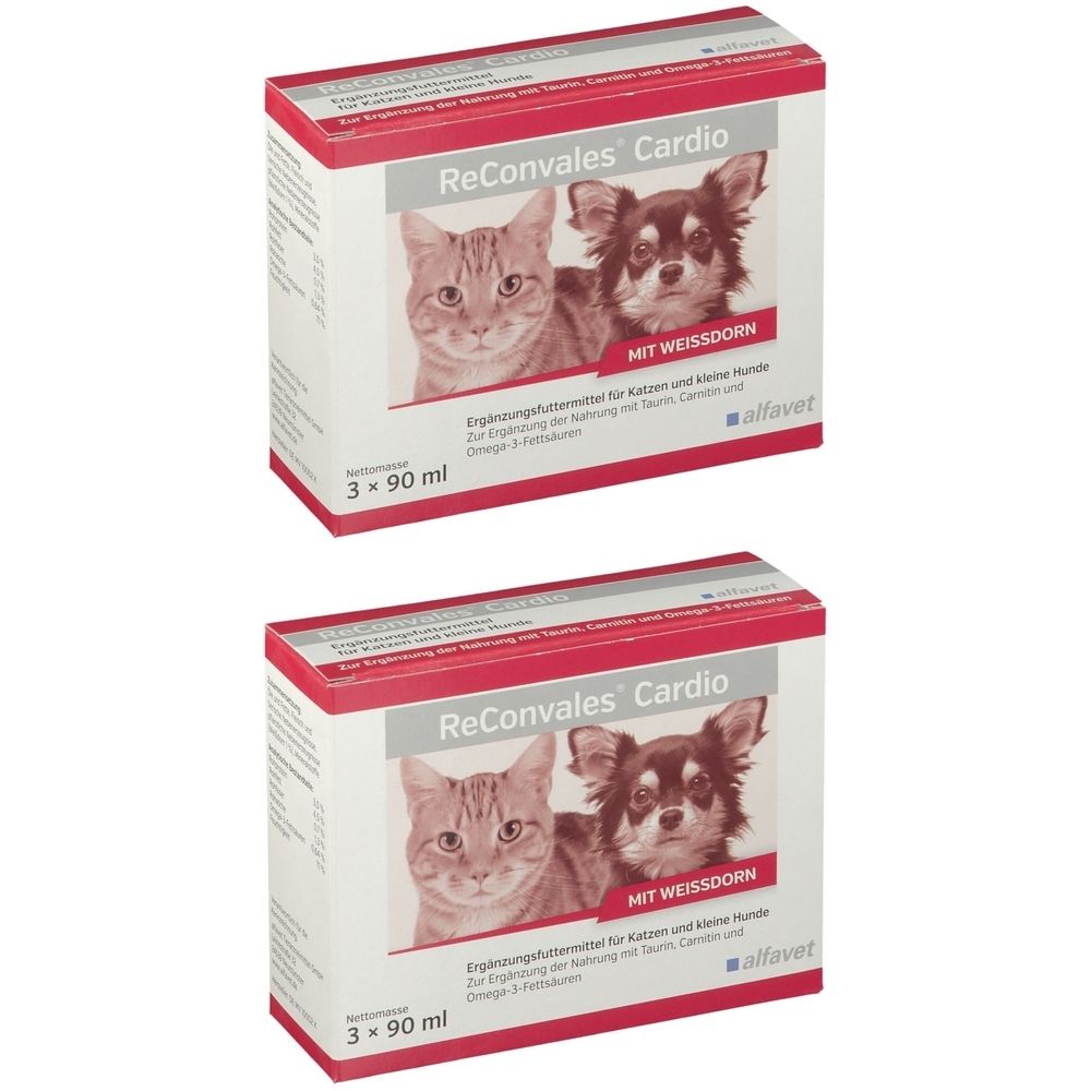 Deux boîtes de ReConvales Cardio. Impression : chat et chien, "MIT WEISSDORN", 3 x 90 ml. Marque : alfavet.