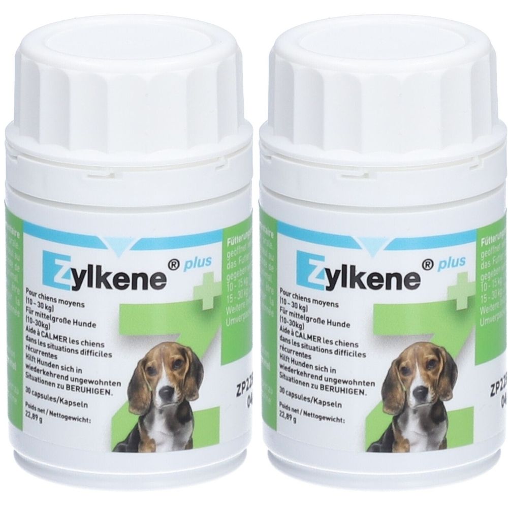 Deux flacons blancs avec bouchon à vis. Inscription : Zylkene plus. Image d'un chien. Texte en allemand, français et anglais.