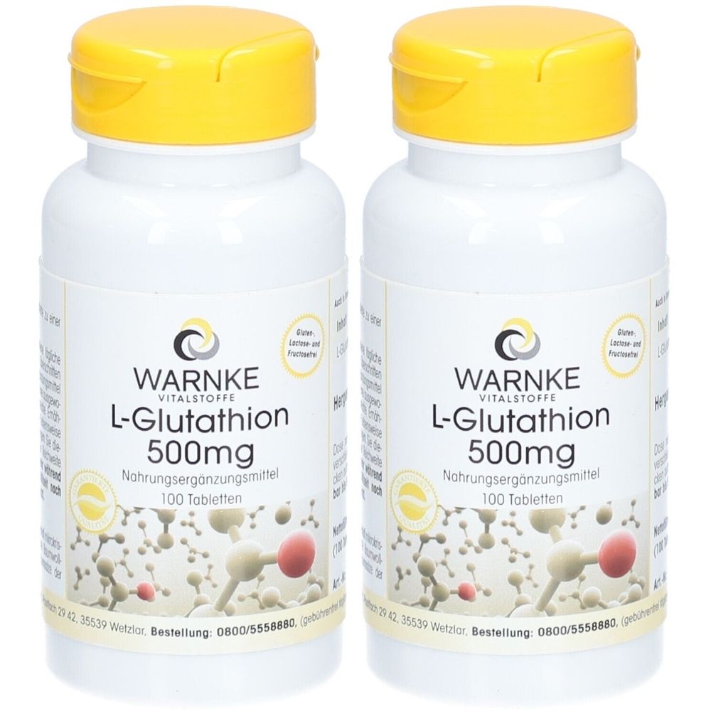Zwei weiße Flaschen mit gelben Deckeln. Aufschrift: WARNKE VITALSTOFFE L-Glutathion 500mg, Nahrungsergänzungsmittel. 100 Tabletten.