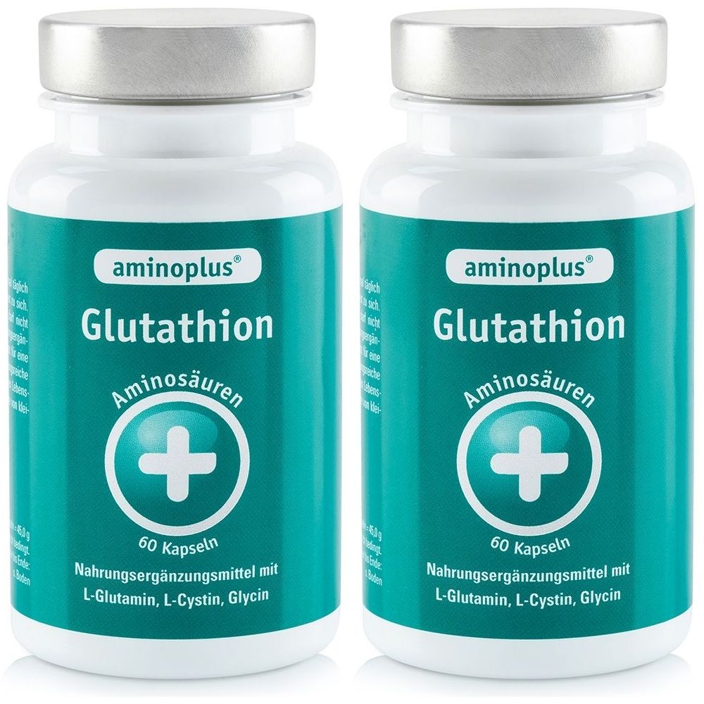 Deux flacons de aminoplus® Glutathion. Flacons blancs avec couvercles argentés et étiquettes vertes. Inscription : Glutathion, Acides aminés, 60 gélules.